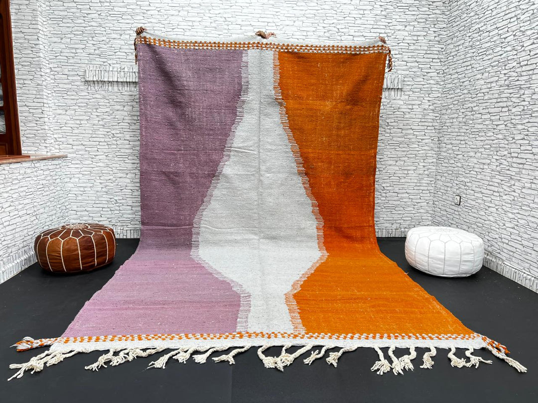 Handwoven Moroccan flatweave wool rug in orange, purple, and light gray – Berber kilim carpet