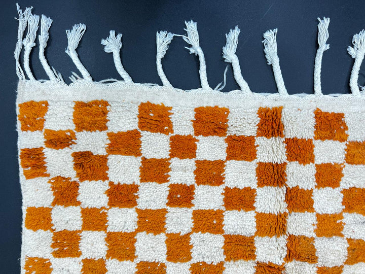 Orange and white checkerboard Moroccan runner rug, handmade wool hallway carpet with geometric Berber pattern