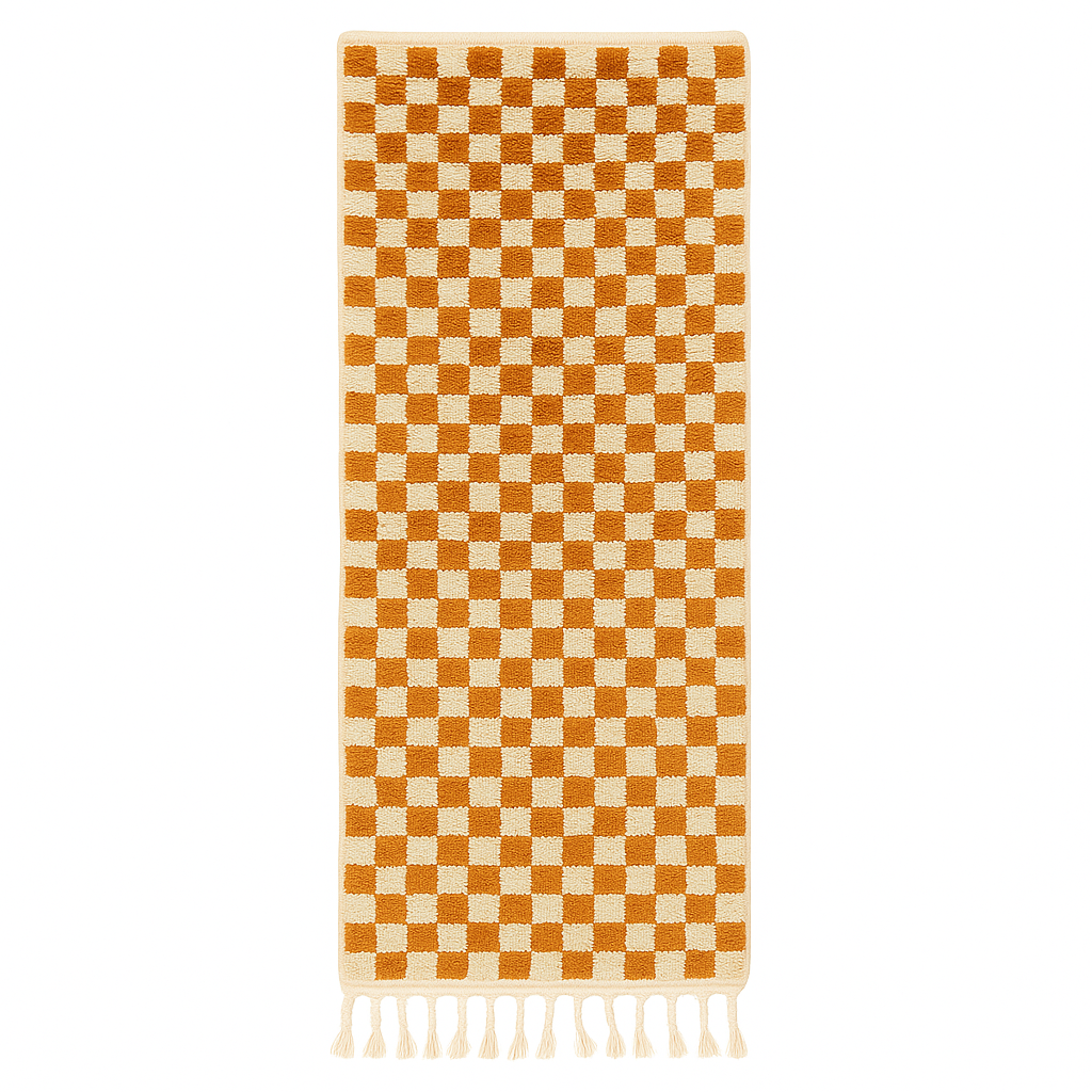 Orange and white checkerboard Moroccan runner rug, handmade wool hallway carpet with geometric Berber pattern