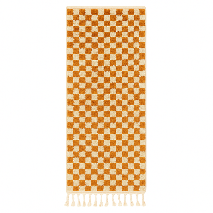 Orange and white checkerboard Moroccan runner rug, handmade wool hallway carpet with geometric Berber pattern