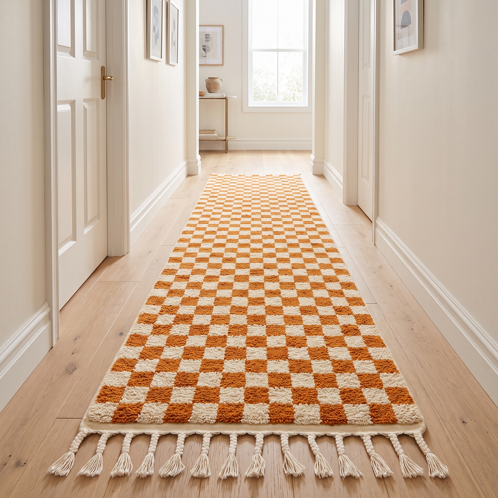 Orange and white checkerboard Moroccan runner rug, handmade wool hallway carpet with geometric Berber pattern