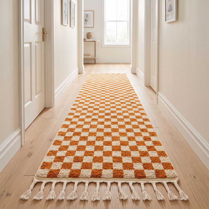 Orange and white checkerboard Moroccan runner rug, handmade wool hallway carpet with geometric Berber pattern