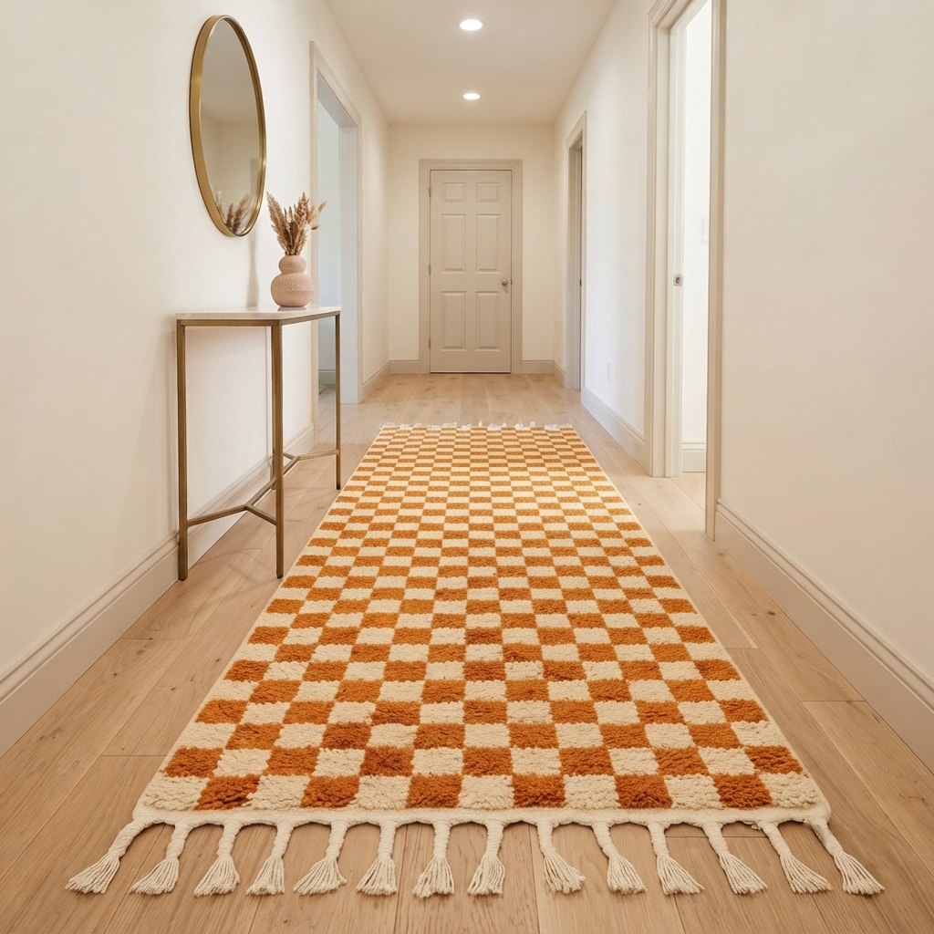 Orange and white checkerboard Moroccan runner rug, handmade wool hallway carpet with geometric Berber pattern