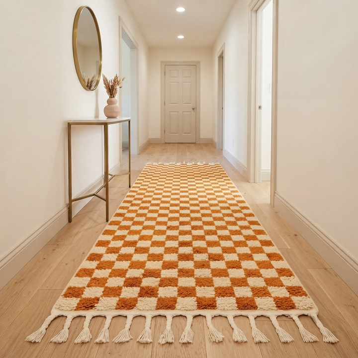 Orange and white checkerboard Moroccan runner rug, handmade wool hallway carpet with geometric Berber pattern
