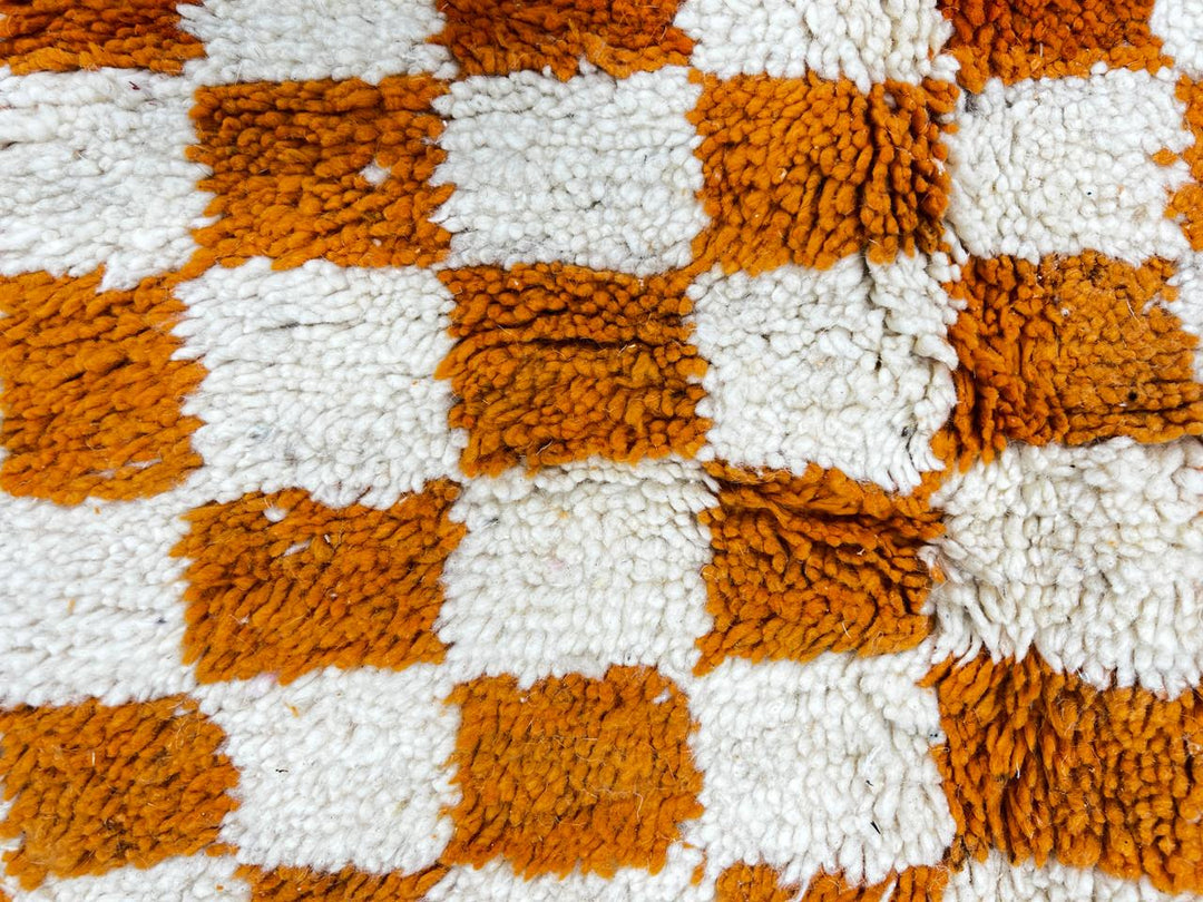 Orange and white checkerboard Moroccan runner rug, handmade wool hallway carpet with geometric Berber pattern