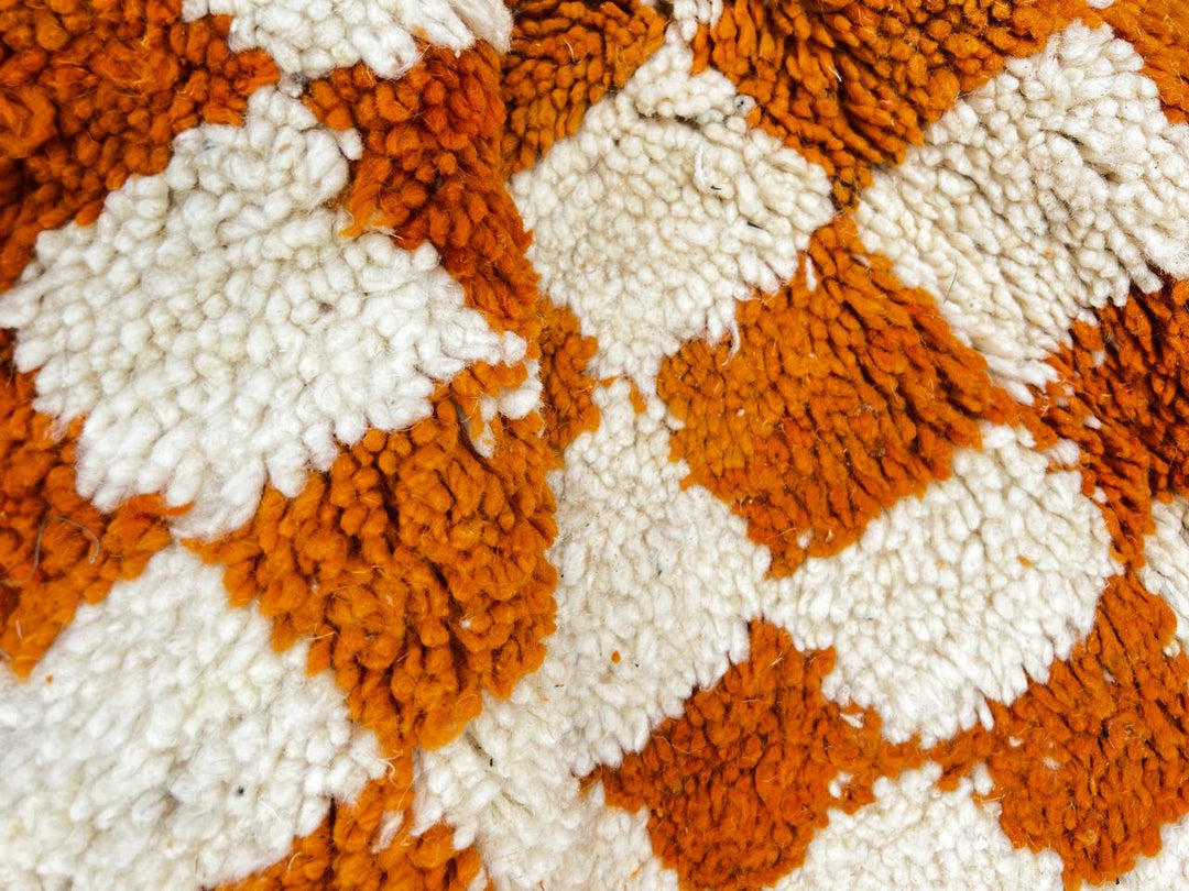 Orange and white checkerboard Moroccan runner rug, handmade wool hallway carpet with geometric Berber pattern