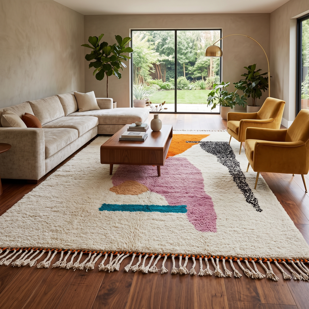 Handwoven Moroccan wool rug in orange, pink, black, and ivory – abstract geometric Berber carpet handmade in Morocco
