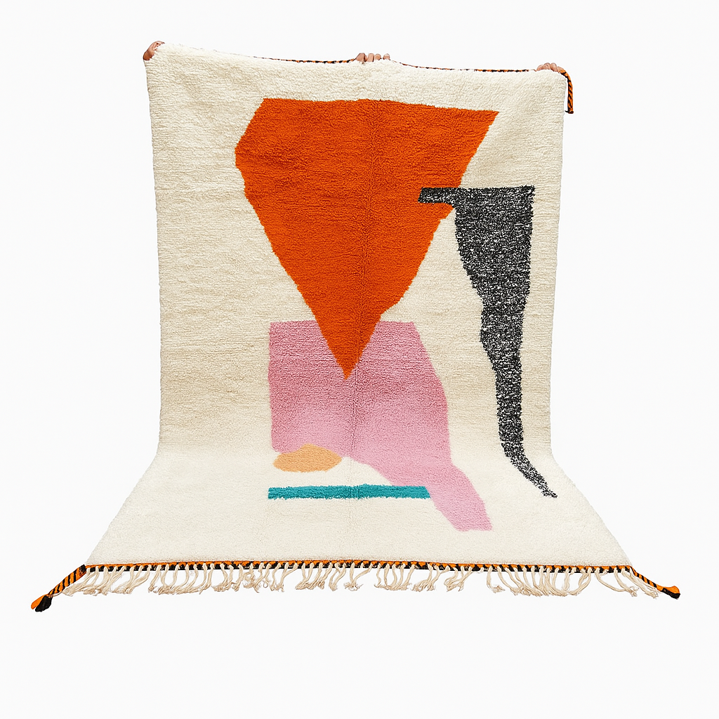 Handwoven Moroccan wool rug in orange, pink, black, and ivory – abstract geometric Berber carpet handmade in Morocco