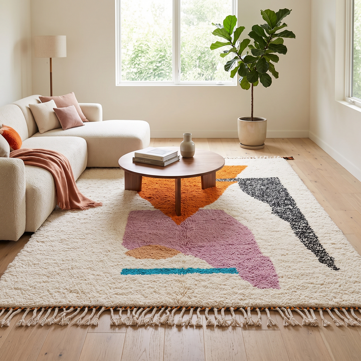 Handwoven Moroccan wool rug in orange, pink, black, and ivory – abstract geometric Berber carpet handmade in Morocco
