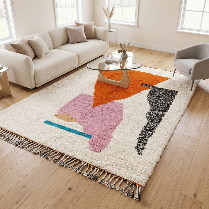Handwoven Moroccan wool rug in orange, pink, black, and ivory – abstract geometric Berber carpet handmade in Morocco
