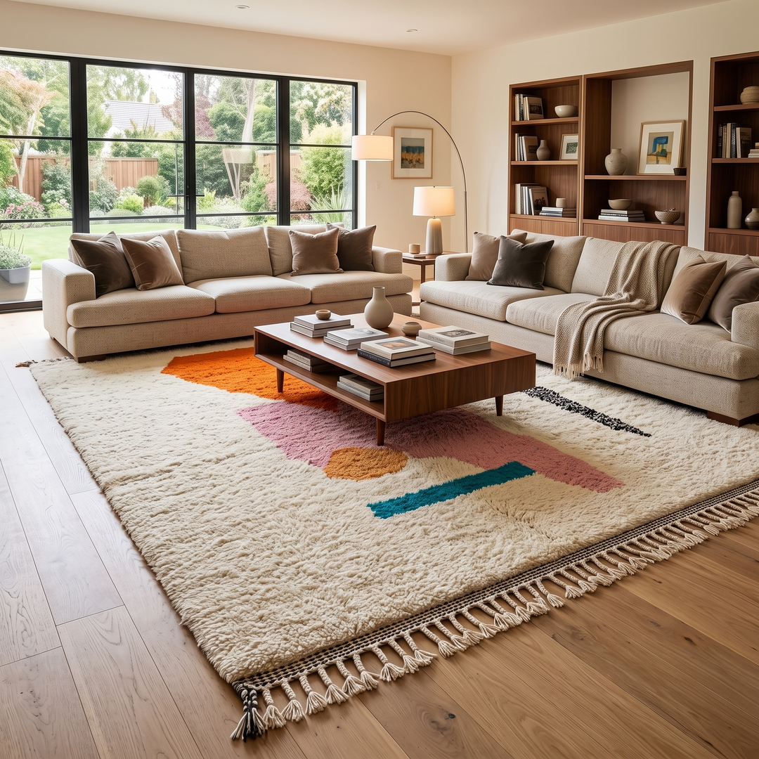 Handwoven Moroccan wool rug in orange, pink, black, and ivory – abstract geometric Berber carpet handmade in Morocco
