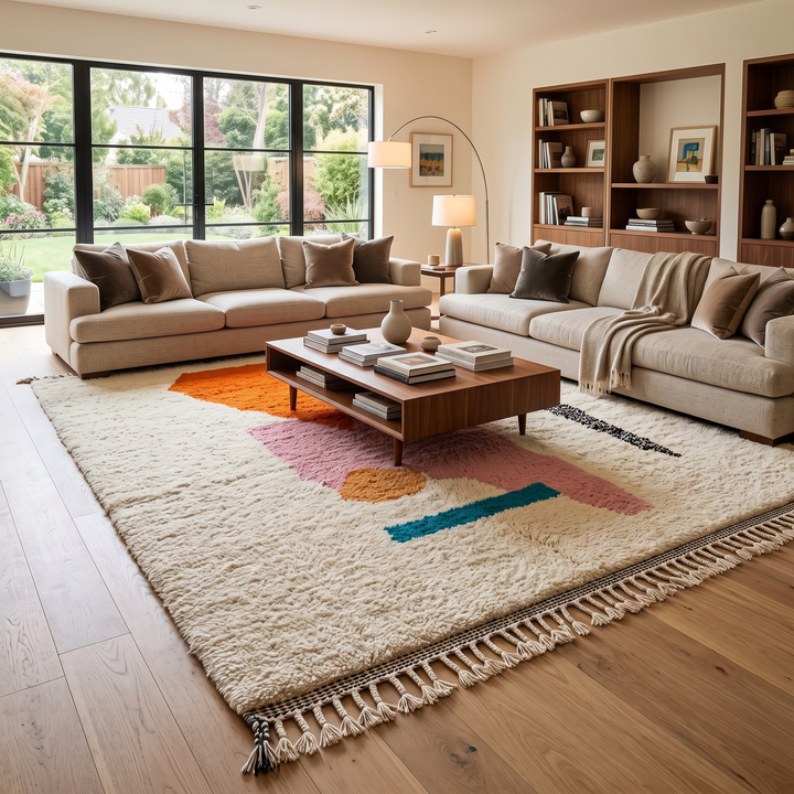 Handwoven Moroccan wool rug in orange, pink, black, and ivory – abstract geometric Berber carpet handmade in Morocco
