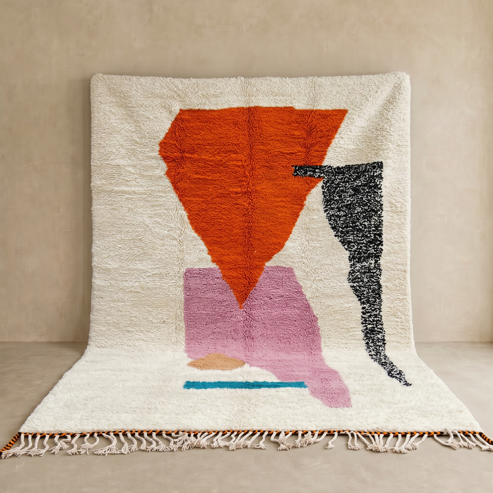 Handwoven Moroccan wool rug in orange, pink, black, and ivory – abstract geometric Berber carpet handmade in Morocco
