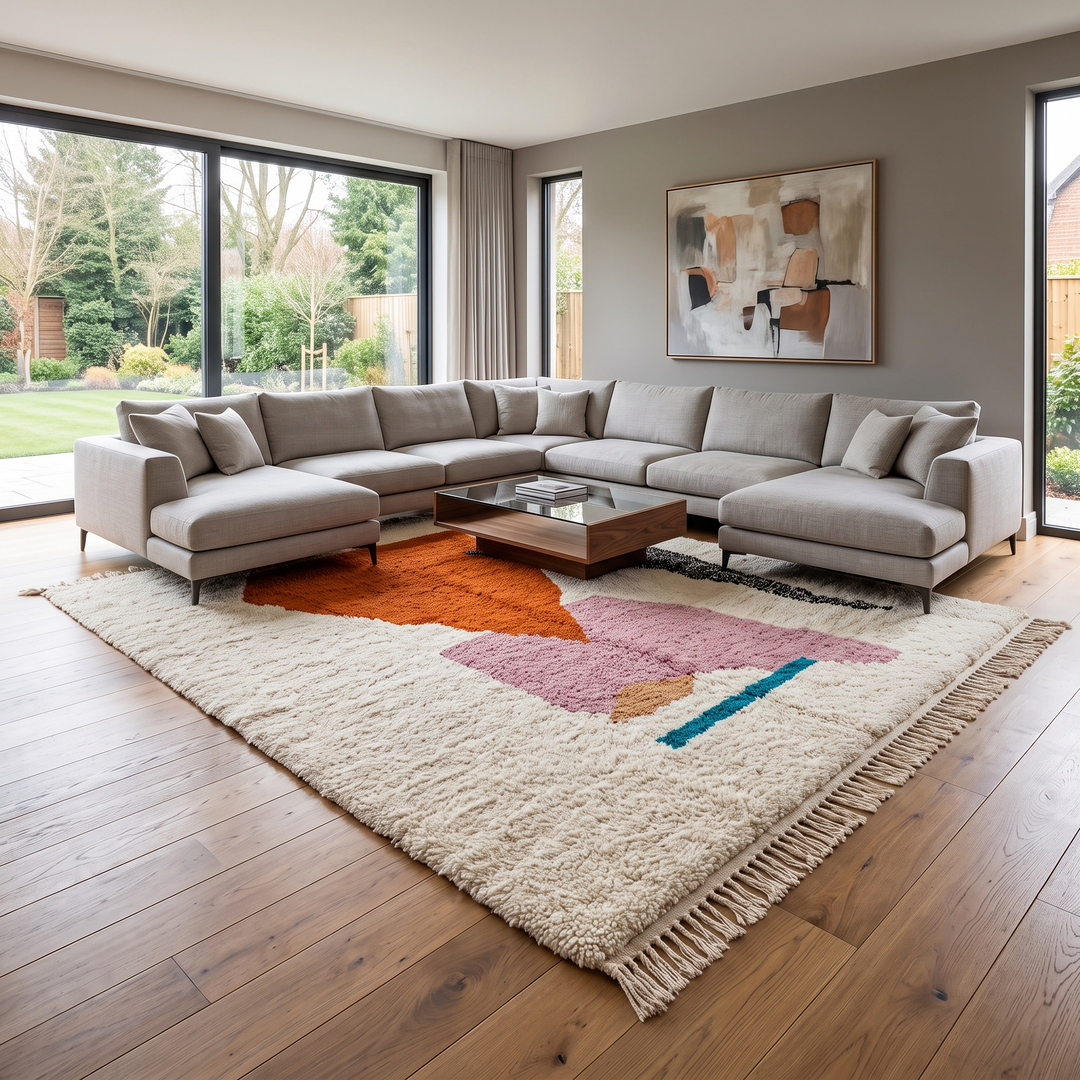 Handwoven Moroccan wool rug in orange, pink, black, and ivory – abstract geometric Berber carpet handmade in Morocco
