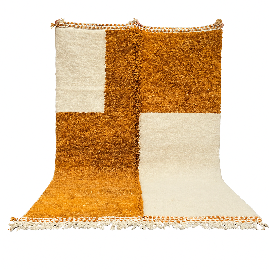 Orange and white handmade Moroccan wool rug with geometric block pattern