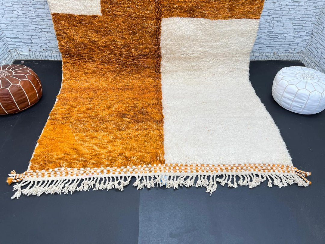Orange and white handmade Moroccan wool rug with geometric block pattern