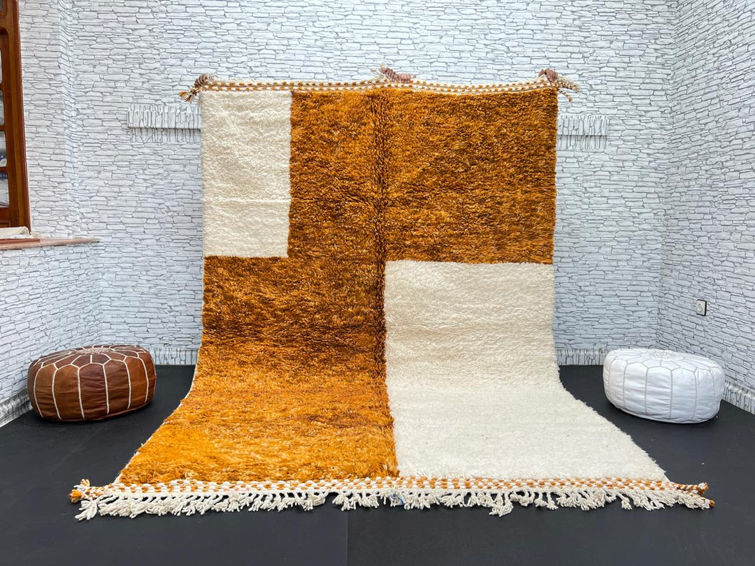 Orange and white handmade Moroccan wool rug with geometric block pattern