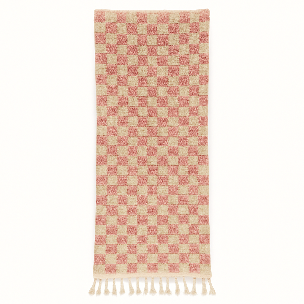 Pink and white checkerboard Moroccan runner rug, handmade wool shag carpet with soft boho pattern and traditional fringes