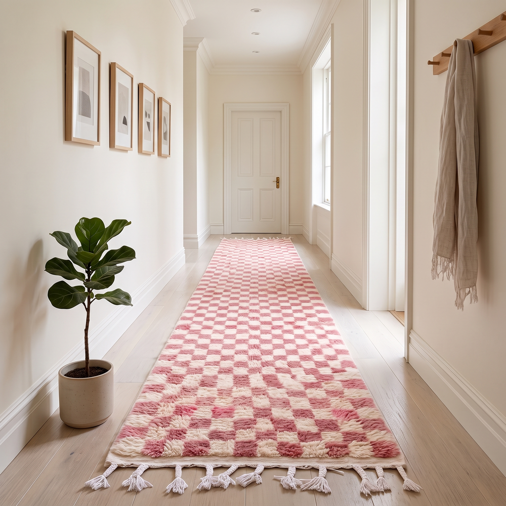 Pink and white checkerboard Moroccan runner rug, handmade wool shag carpet with soft boho pattern and traditional fringes