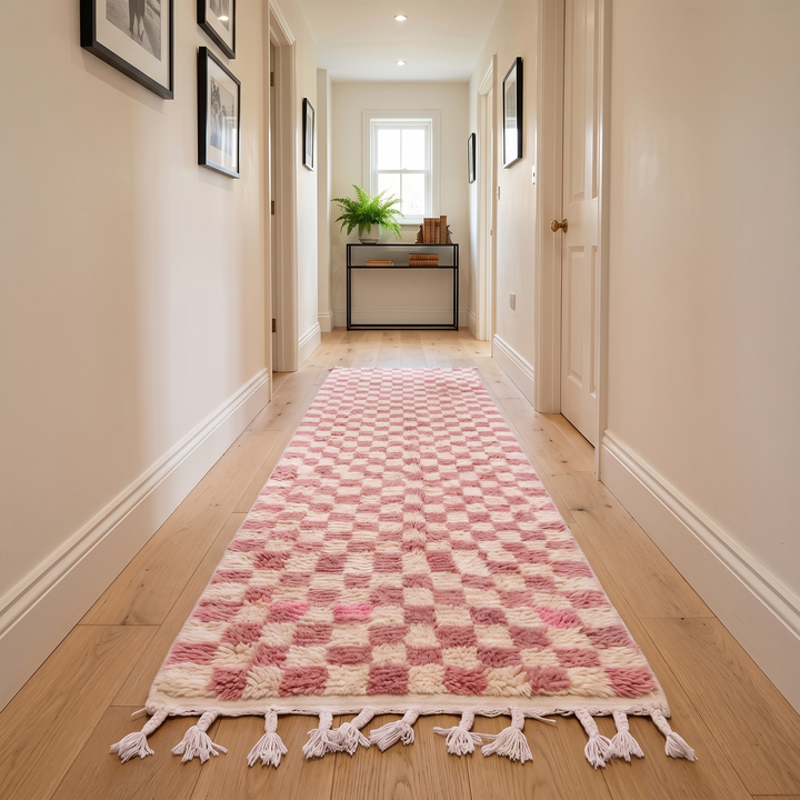Pink and white checkerboard Moroccan runner rug, handmade wool shag carpet with soft boho pattern and traditional fringes