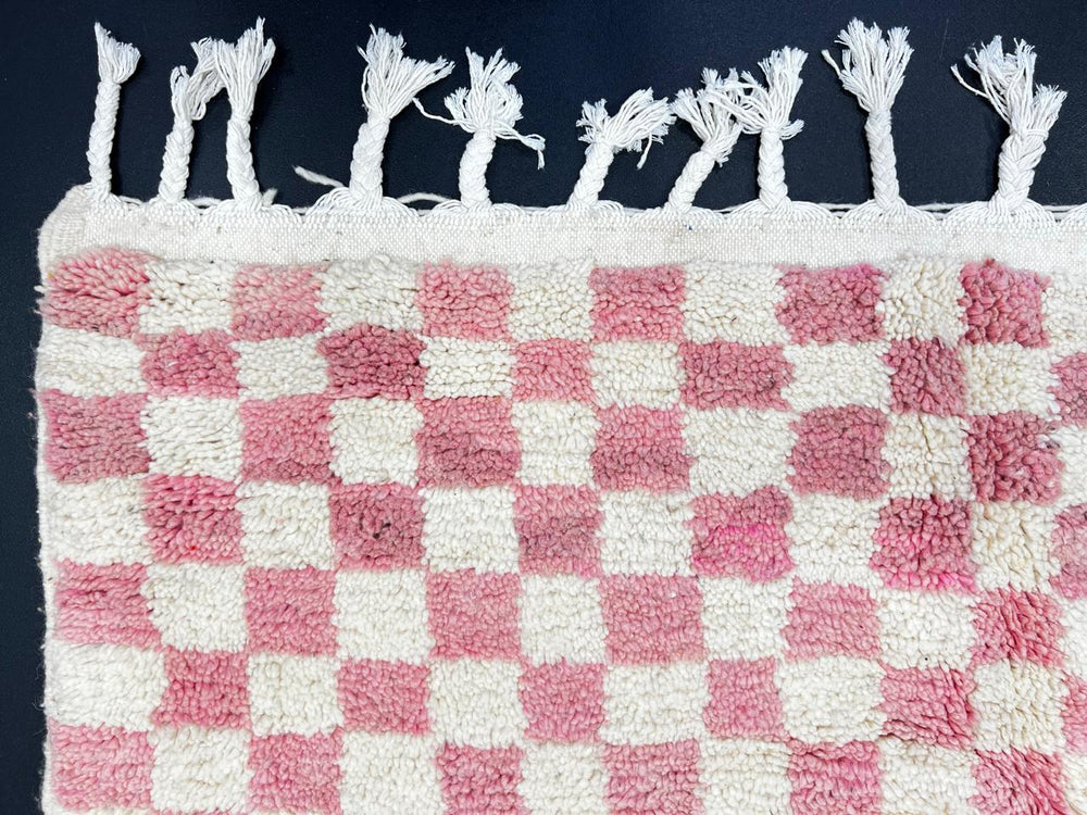 Pink and white checkerboard Moroccan runner rug, handmade wool shag carpet with soft boho pattern and traditional fringes