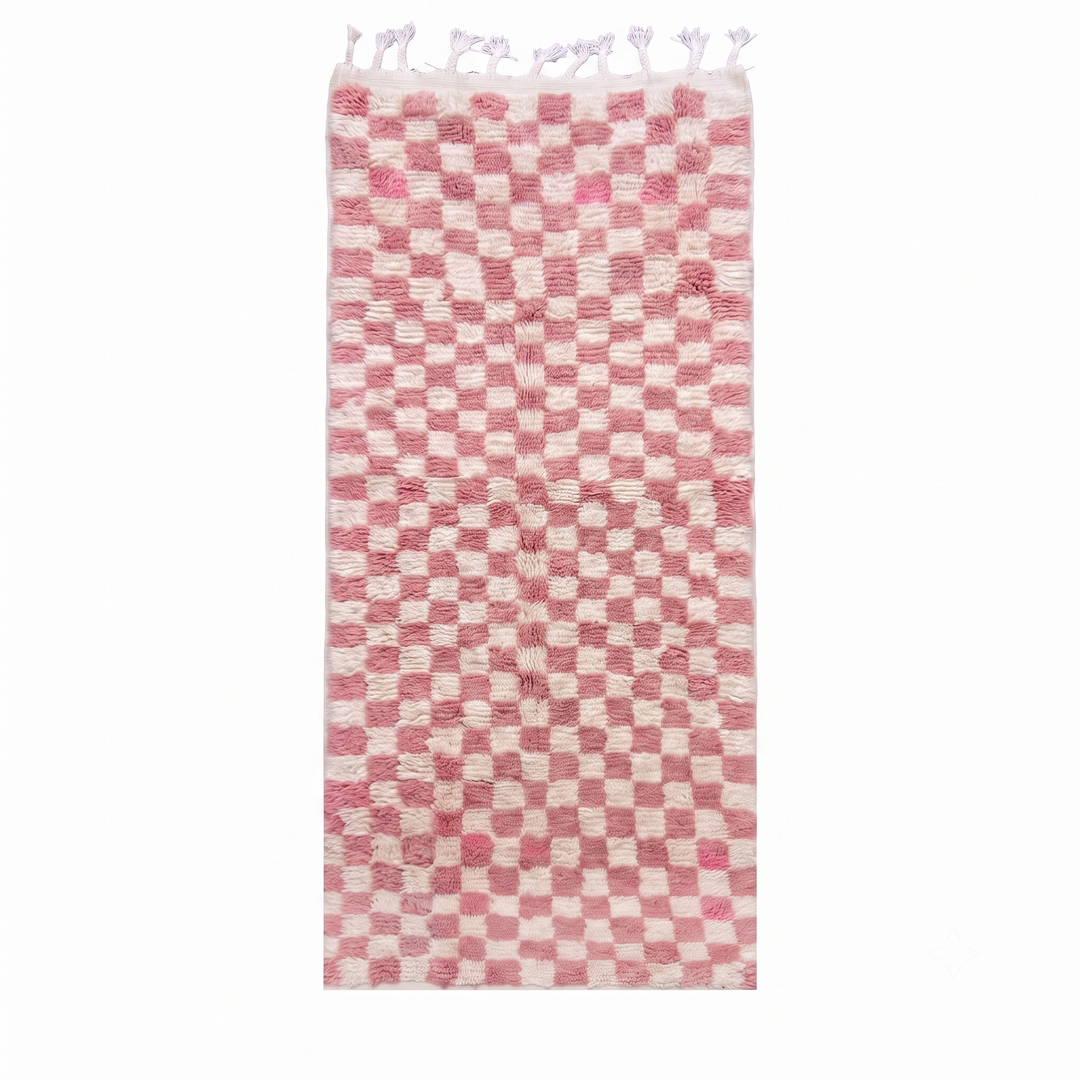 Pink and white checkerboard Moroccan runner rug, handmade wool shag carpet with soft boho pattern and traditional fringes