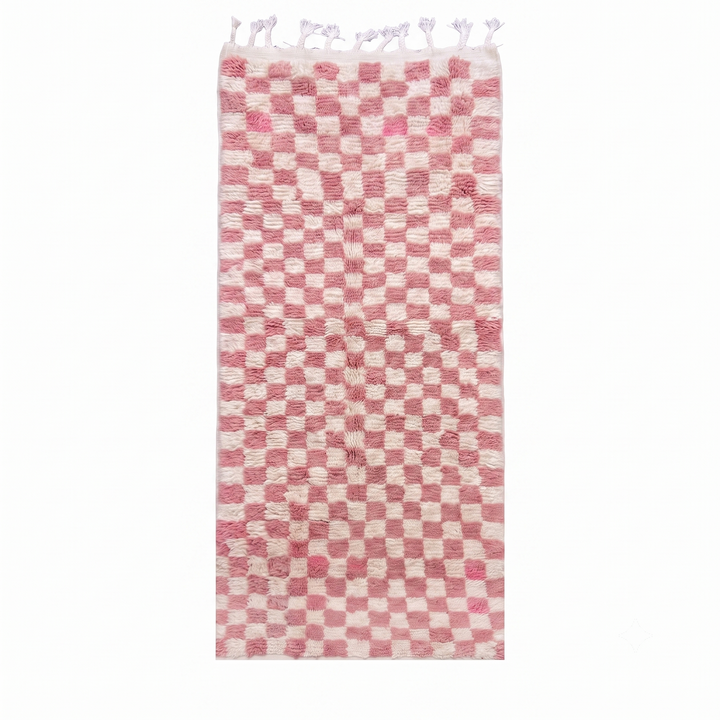 Pink and white checkerboard Moroccan runner rug, handmade wool shag carpet with soft boho pattern and traditional fringes