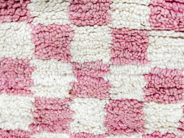 Pink and white checkerboard Moroccan runner rug, handmade wool shag carpet with soft boho pattern and traditional fringes