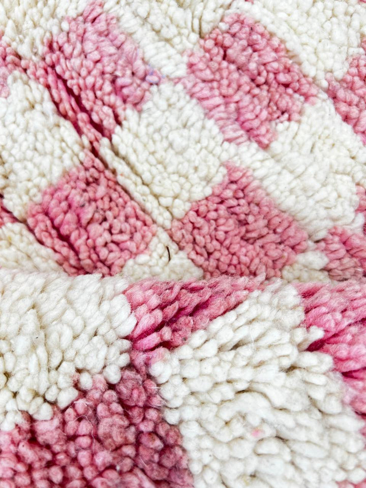 Pink and white checkerboard Moroccan runner rug, handmade wool shag carpet with soft boho pattern and traditional fringes