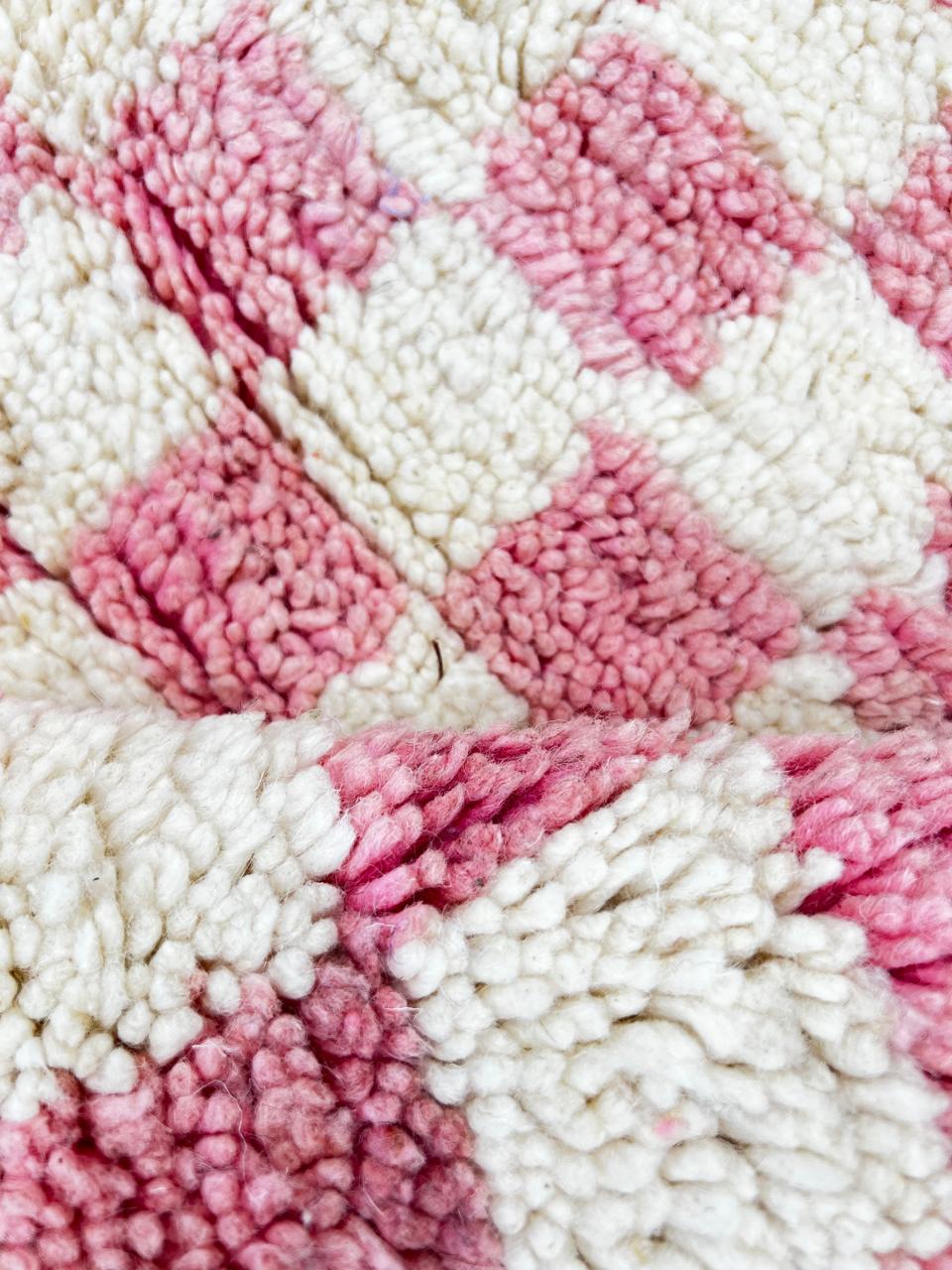 Pink and white checkerboard Moroccan runner rug, handmade wool shag carpet with soft boho pattern and traditional fringes
