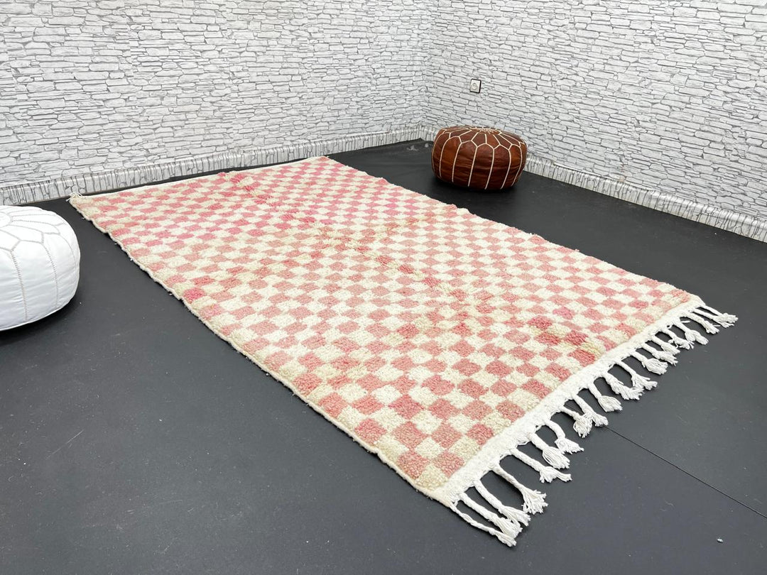 Handmade Moroccan wool rug in pink and cream checkerboard pattern – Berber shag rug