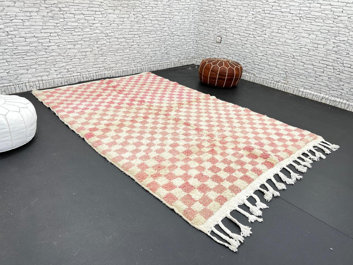 Handmade Moroccan wool rug in pink and cream checkerboard pattern – Berber shag rug