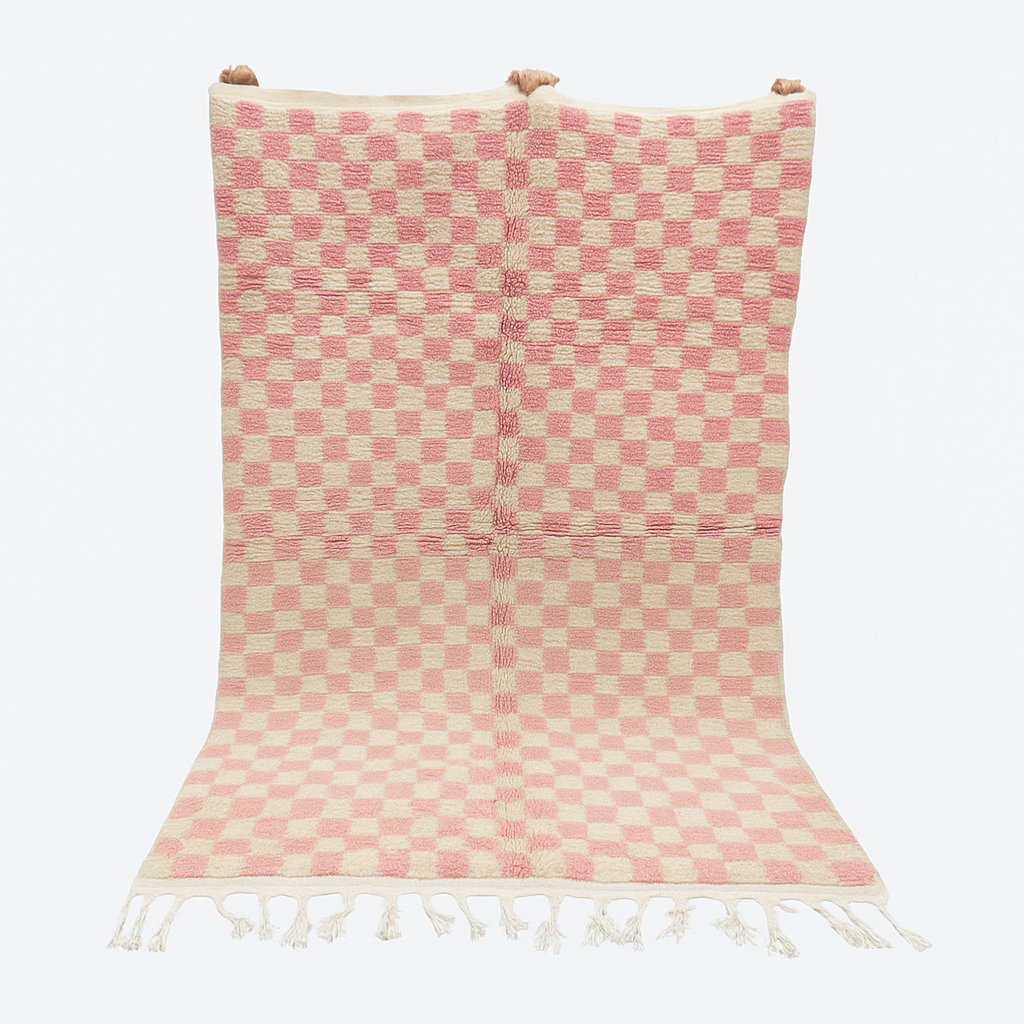 Handmade Moroccan wool rug in pink and cream checkerboard pattern – Berber shag rug