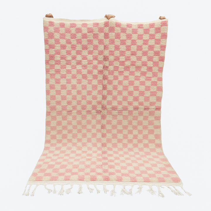 Handmade Moroccan wool rug in pink and cream checkerboard pattern – Berber shag rug