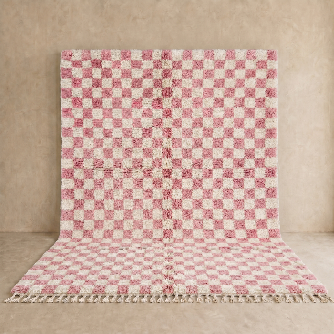 Handmade Moroccan wool rug in pink and cream checkerboard pattern – Berber shag rug
