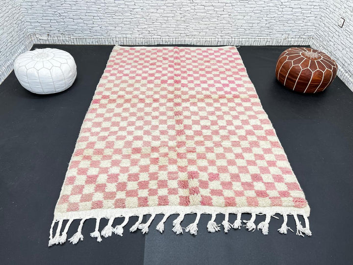 Handmade Moroccan wool rug in pink and cream checkerboard pattern – Berber shag rug