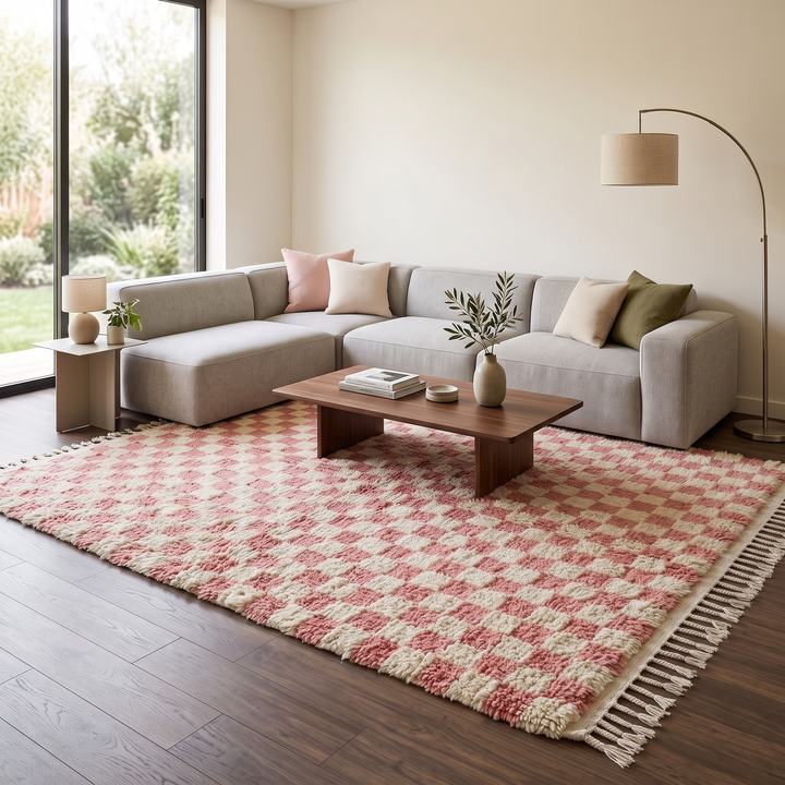 Handmade Moroccan wool rug in pink and cream checkerboard pattern – Berber shag rug
