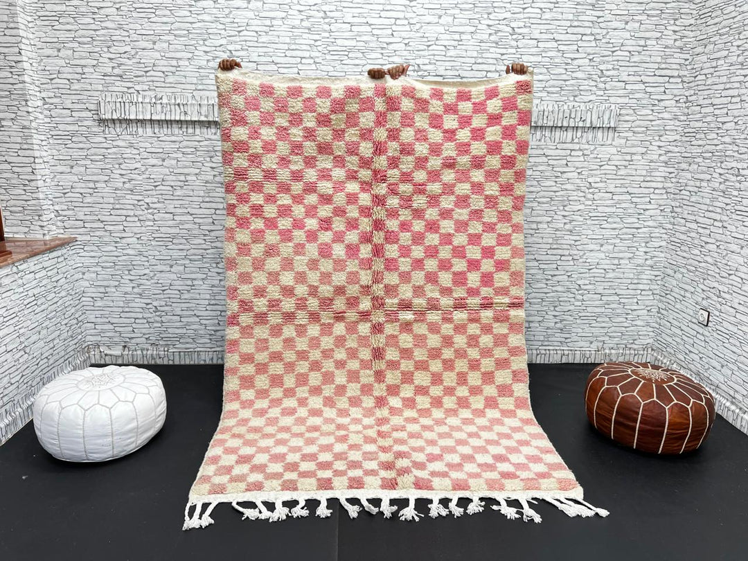 Handmade Moroccan wool rug in pink and cream checkerboard pattern – Berber shag rug