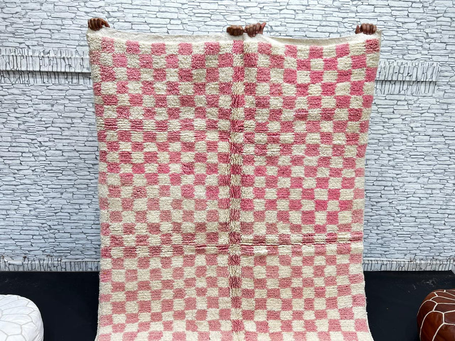Handmade Moroccan wool rug in pink and cream checkerboard pattern – Berber shag rug