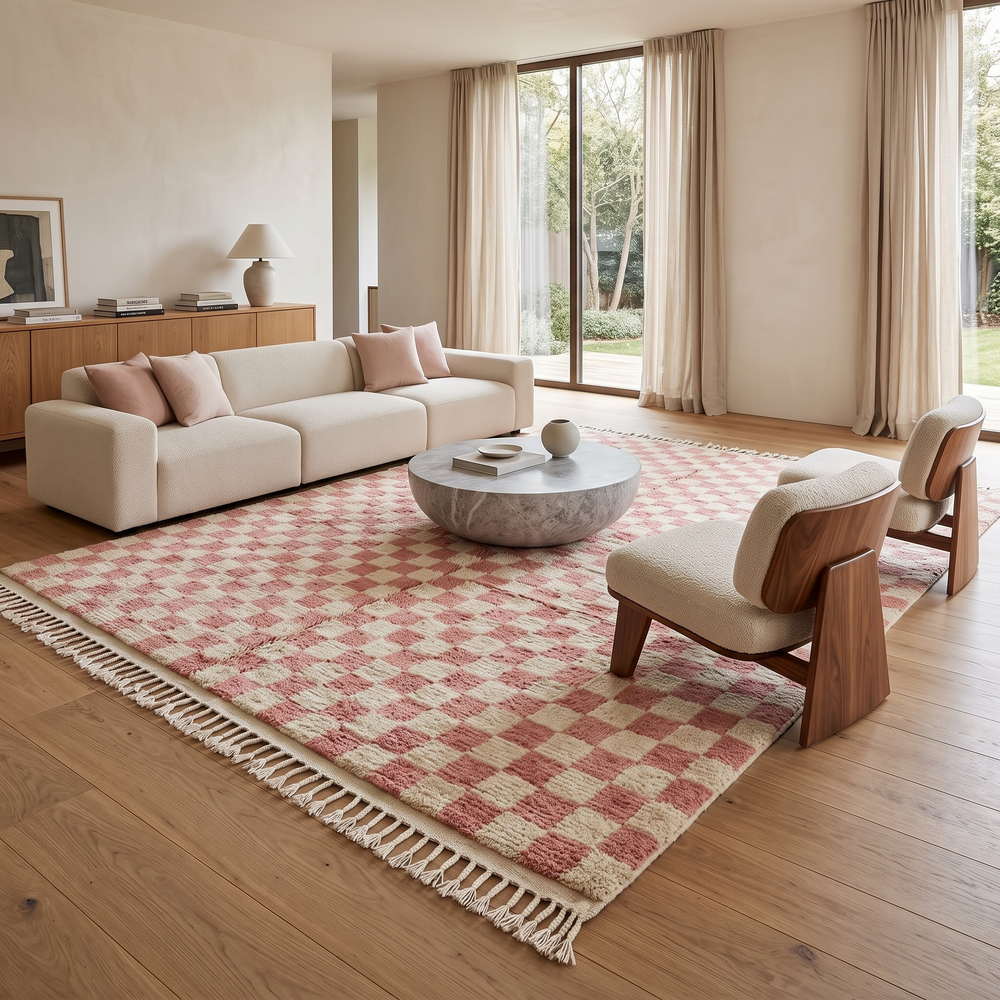 Handmade Moroccan wool rug in pink and cream checkerboard pattern – Berber shag rug
