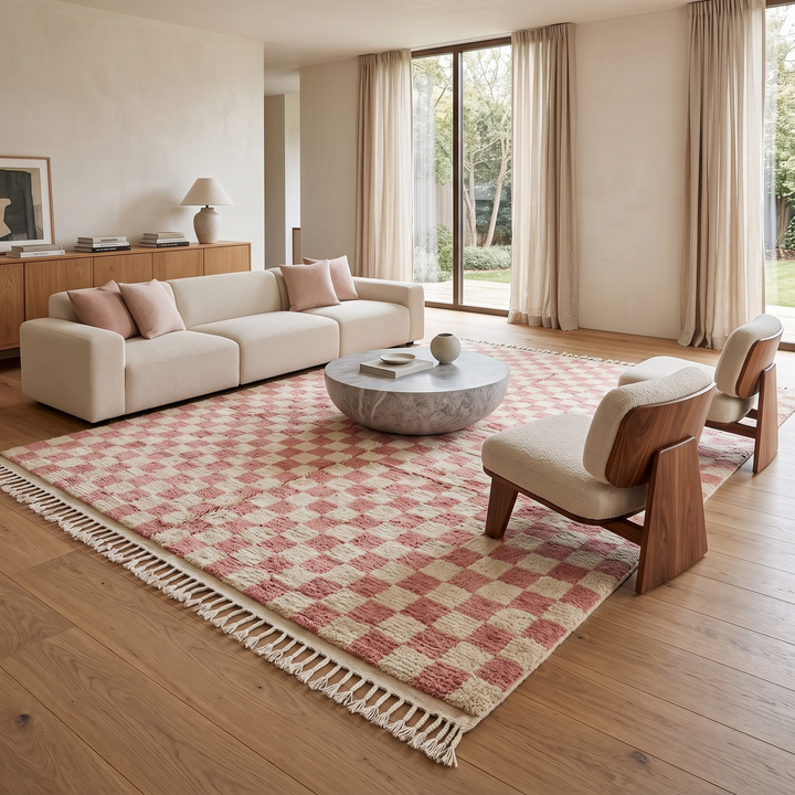 Handmade Moroccan wool rug in pink and cream checkerboard pattern – Berber shag rug
