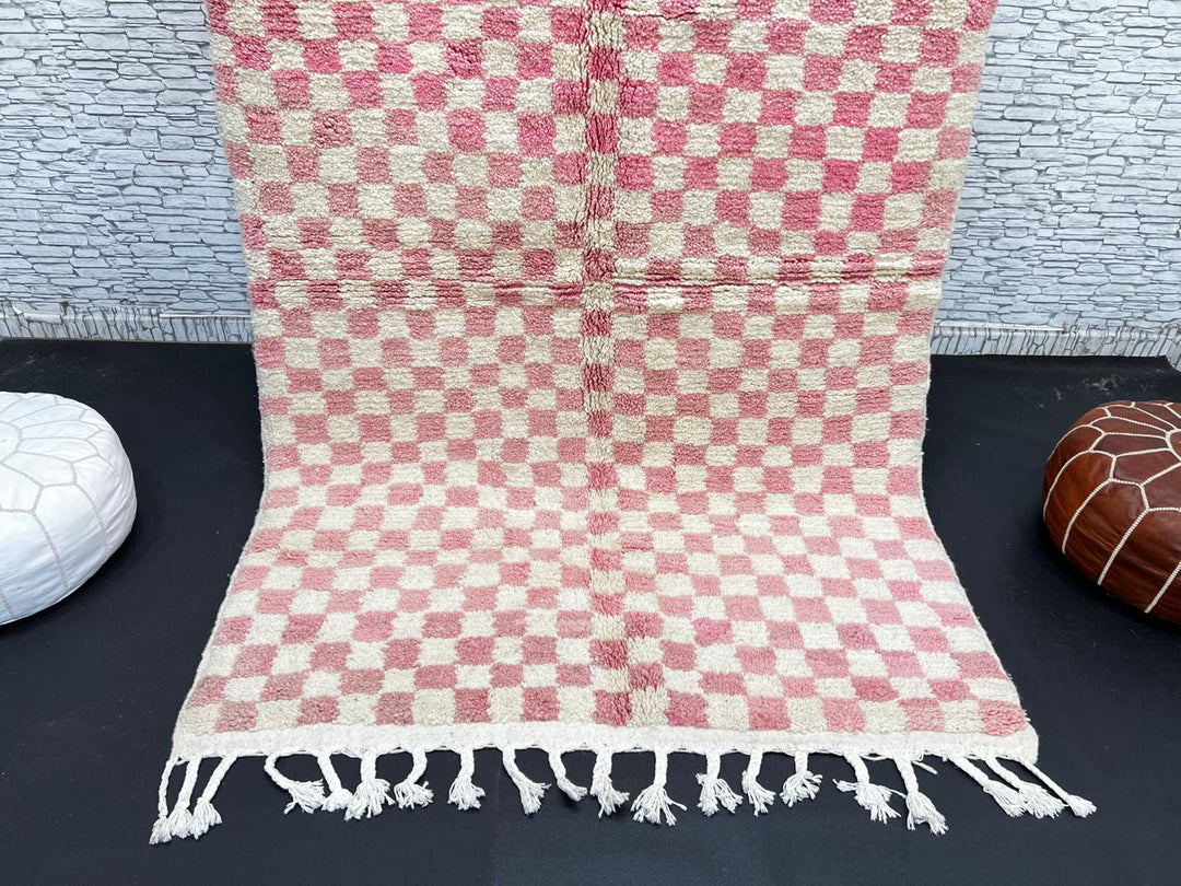 Handmade Moroccan wool rug in pink and cream checkerboard pattern – Berber shag rug