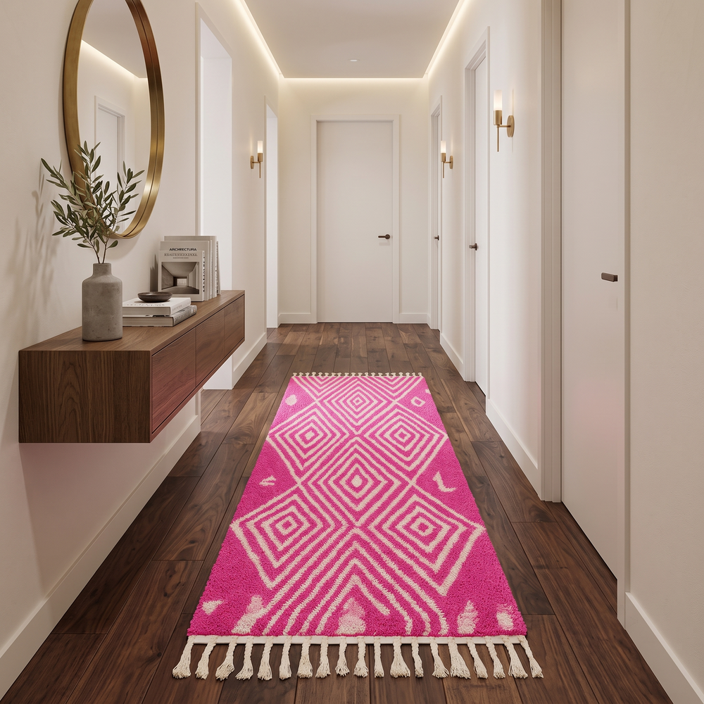 Pink Moroccan runner rug with geometric diamond pattern made of handmade wool and fringed edges on soft ivory background