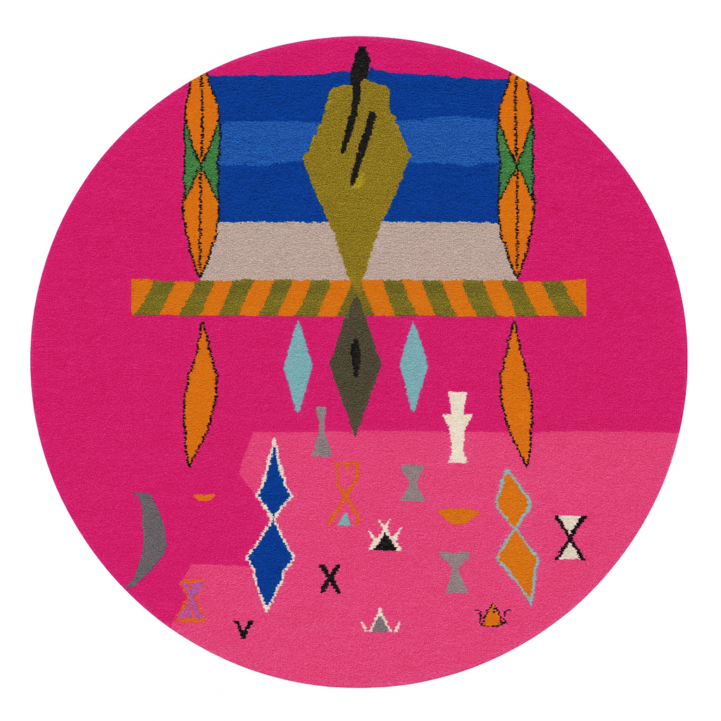 Round pink Moroccan wool rug with modern abstract geometric motifs in blue, green, orange, grey, and white