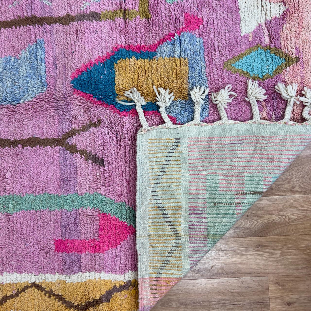 Vintage Moroccan wool rug in pink with colorful geometric Berber patterns, handmade shag rug 8.66 x 5.21 ft