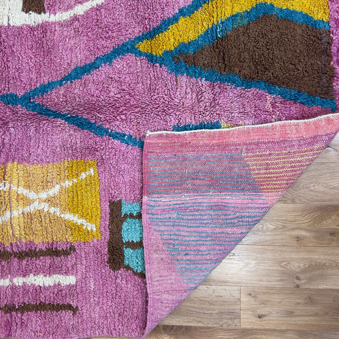 Vintage Moroccan wool rug in pink with colorful geometric Berber patterns, handmade shag rug 8.66 x 5.21 ft