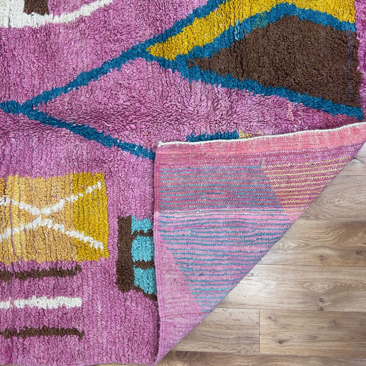 Vintage Moroccan wool rug in pink with colorful geometric Berber patterns, handmade shag rug 8.66 x 5.21 ft