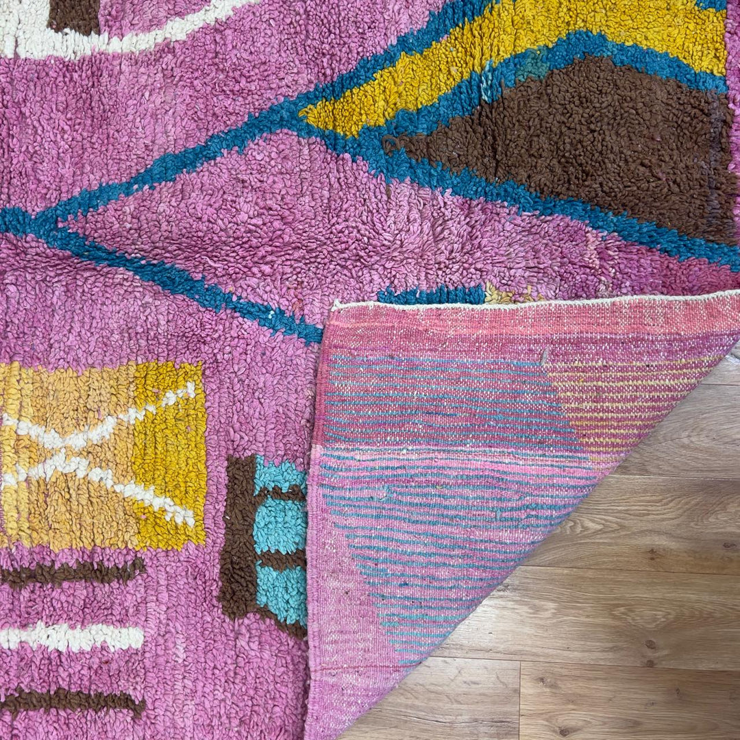 Vintage Moroccan wool rug in pink with colorful geometric Berber patterns, handmade shag rug 8.66 x 5.21 ft