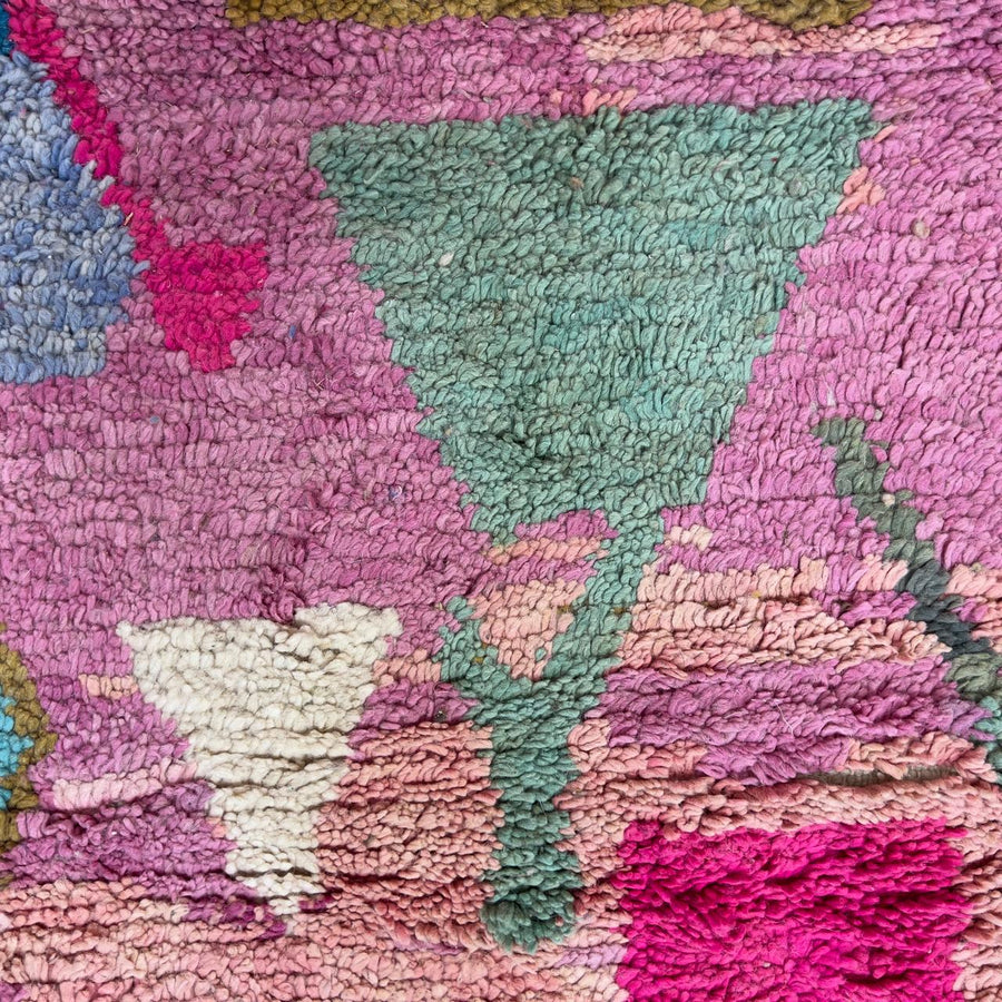 Vintage Moroccan wool rug in pink with colorful geometric Berber patterns, handmade shag rug 8.66 x 5.21 ft