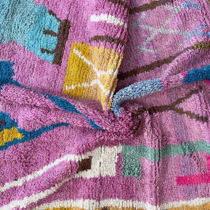 Vintage Moroccan wool rug in pink with colorful geometric Berber patterns, handmade shag rug 8.66 x 5.21 ft